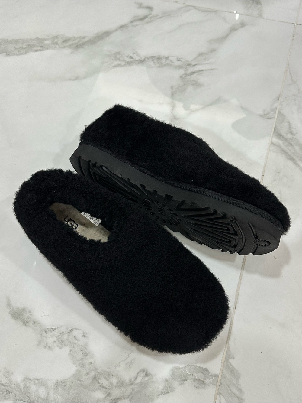 UGG Women's Black Plush Slip-On Shearling Slippers